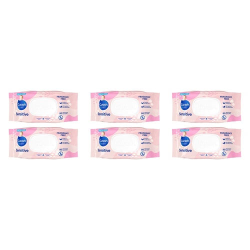 Curash Sensitive Fragrance Free Wipes, 99% Natural Origin, 80 Pack Bundle of 6