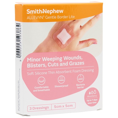 Allevyn Gentle Border Soft Silicone Absorbent Foam Dressing 5cm x 5cm 3 Pack