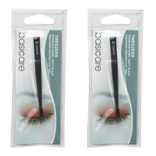 Basicare Flat Tip Matte Black Tweezers Stainless Steel Precision 8.5cm x 2