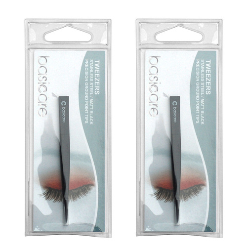 Basicare Point Tip Matte Black Stainless Steel Precision Tweezers 8.5cm x 2