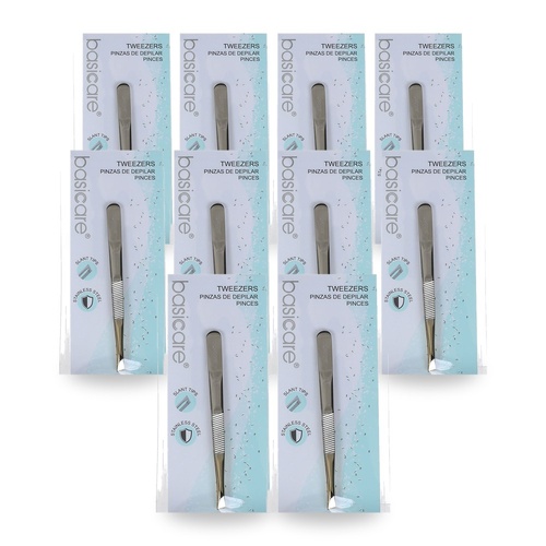 Basicare Slant Tip Half Gold Blade Tweezers Stainless Steel 85mm Pack of 10