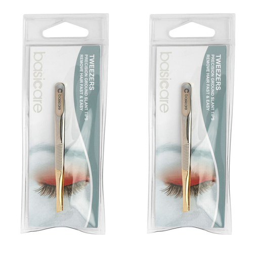 Basicare Slant Tip Tweezers with Half Gold Blade Stainless Steel 8.5cm x 2