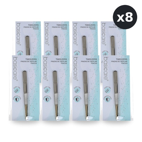 Basicare Slant Tip Half Gold Blade Tweezers Stainless Steel 85mm Pack of 8