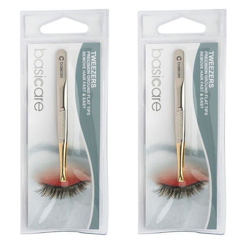 Basicare Flat Tip Tweezers with Half Gold Blade Stainless Steel 8.5cm x 2