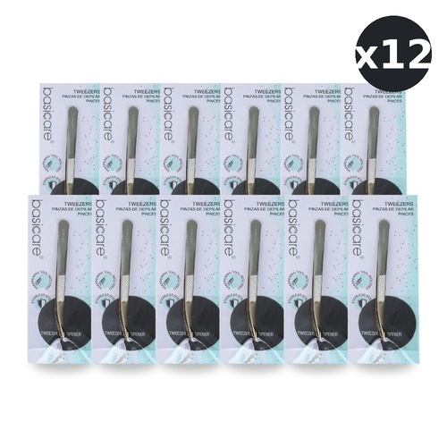 Basicare Curved Slant Tip Tweezers with Half Gold Blade Stainless Steel 8.5cm Pack of 12