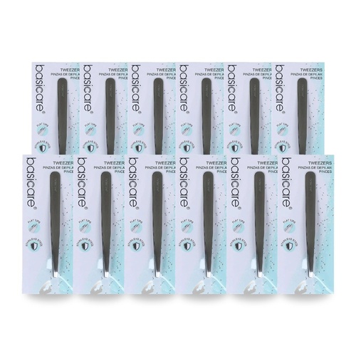 Basicare Satin Flat Tip Tweezers Stainless Steel 9cm Precision Hair Removal Pack of 12