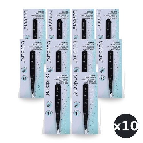 Basicare Eyebrow Tweezers Satin Multi Tip Stainless Steel Hair Remover 9.6cm Pack of 10