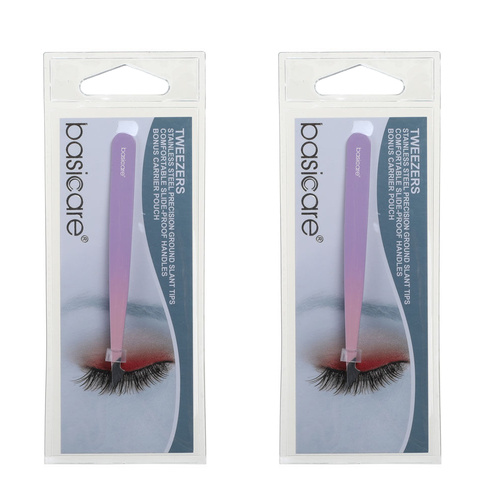 Basicare Slant Tip Rubber Grip Tweezers Purple 9cm Pack of 2 Precision