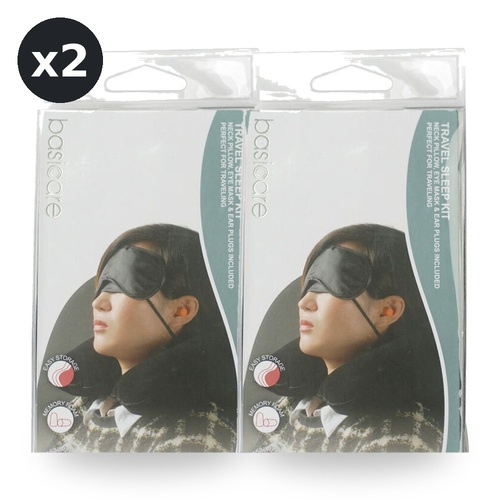 Basicare Travel Sleeping Kit with Neck Pillow Eye Mask and Ear Plugs Pack of 2