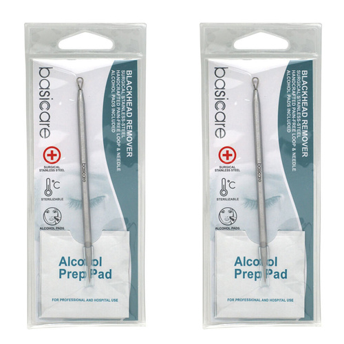 Basicare Blackhead Remover Tool Stainless Steel with Alcohol Prep Pads x 2