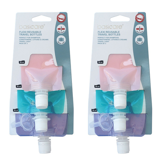 Basicare Flexi Reusable Travel Bottles 3 Pack Lightweight 30ml 50ml 80ml x 2