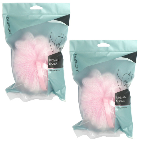 Basicare Luxe Bath Sponge Pink Hanging Cord Soft Exfoliating Shower Tool x2