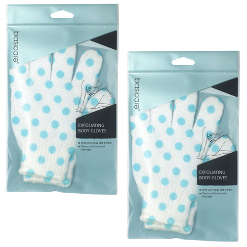 Basicare Exfoliating Body Gloves White with Blue Dots for Smooth Radiant Skin x 2