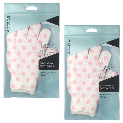 Basicare Exfoliating Body Gloves White Pink Dots Exfoliate Skin 2 Pack
