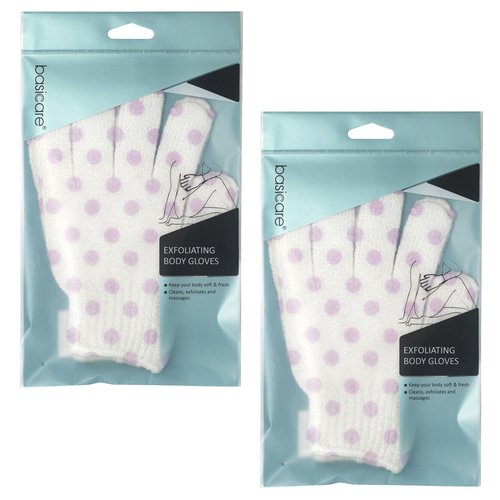 Basicare Exfoliating Body Gloves White with Purple Dots Smooth Healthy Skin x 2