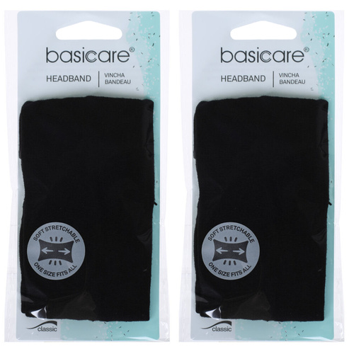 Basicare Adjustable Black Headband Hook and Loop Fastening for Hair Control x2