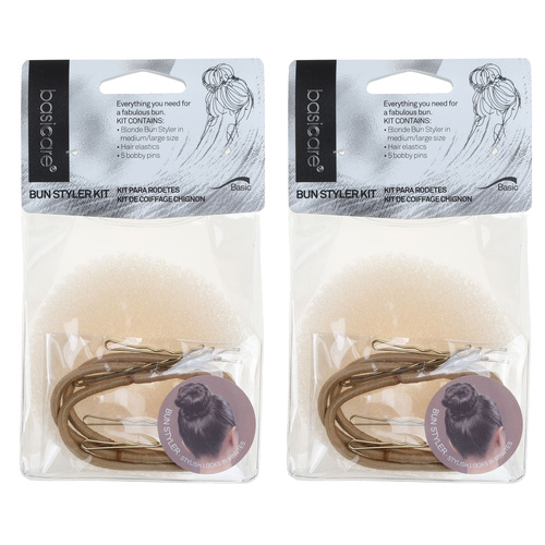 Basicare Bun Styler Kit Blonde S/M Hair Elastic And Bobby Pins Secure Hold x 2