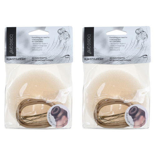 Basicare Bun Styler Kit Blonde M/L Hair Elastic And Bobby Pins Secure Hold x 2