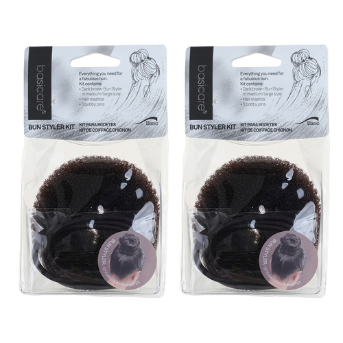 Basicare Bun Styler Kit Brown S M with Elastic and Bobby Pins 2 Pack