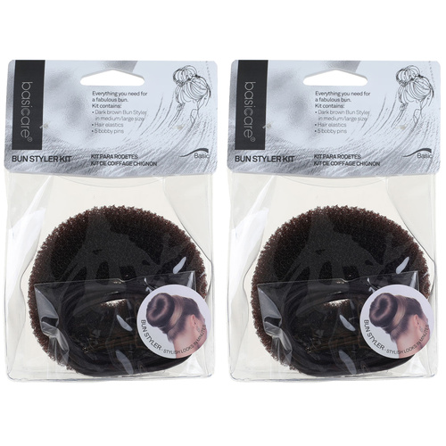 Basicare Bun Styler Kit Brown M L Hair Elastic Bobby Pins Secure Hold x2