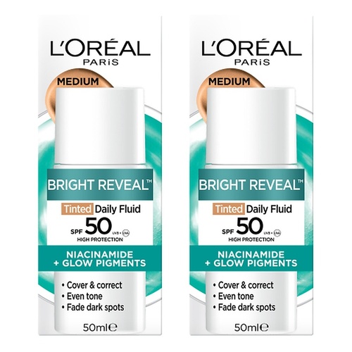 L'Oréal Paris Bright Reveal Tinted Daily Fluid SPF 50 Medium 50mL Pack of 2