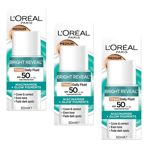 L'Oréal Paris Bright Reveal Tinted Daily Fluid SPF 50 Medium 50mL Pack of 3
