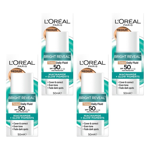 L'Oréal Paris Bright Reveal Tinted Daily Fluid SPF 50 Medium 50mL Pack of 4