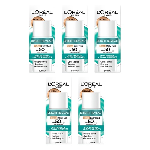 L'Oréal Paris Bright Reveal Tinted Daily Fluid SPF 50 Medium 50mL Pack of 5