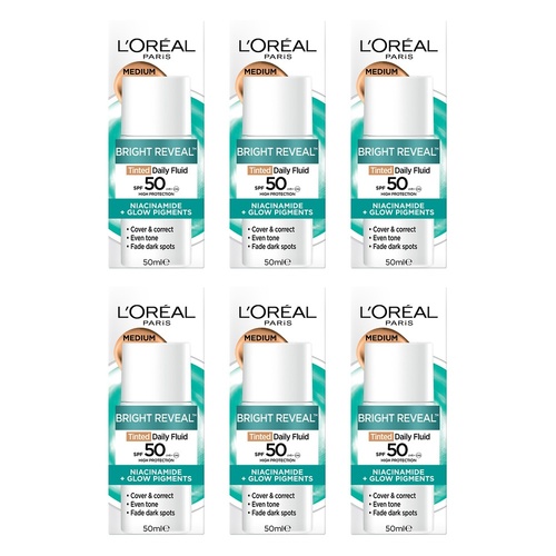L'Oréal Paris Bright Reveal Tinted Daily Fluid SPF 50 Medium 50mL Pack of 6