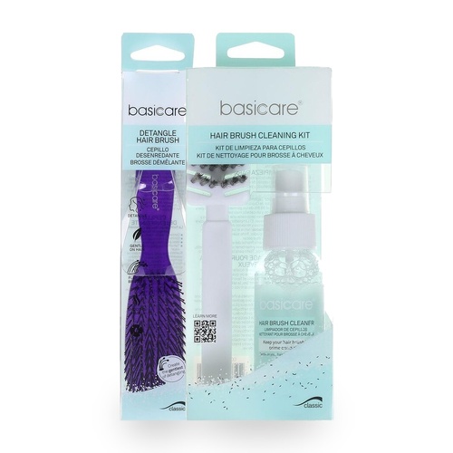 Basicare Detangle Hair Brush Medium Purple + Brush Cleaning Kit