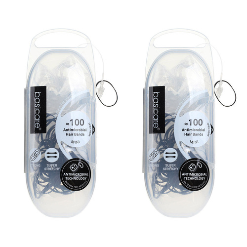 Basicare Antimicrobial Snagless Elastic Hair Bands 2 x 100 Pack Black Clear