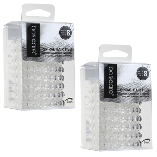 Basicare Clear Spiral Hair Elastic 8 Pack No Damage Strong Hold Bands x 2