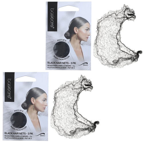 Basicare Invisible Nylon Bun Net Black 3 Pack Secure Discreet Hair Hold x 2