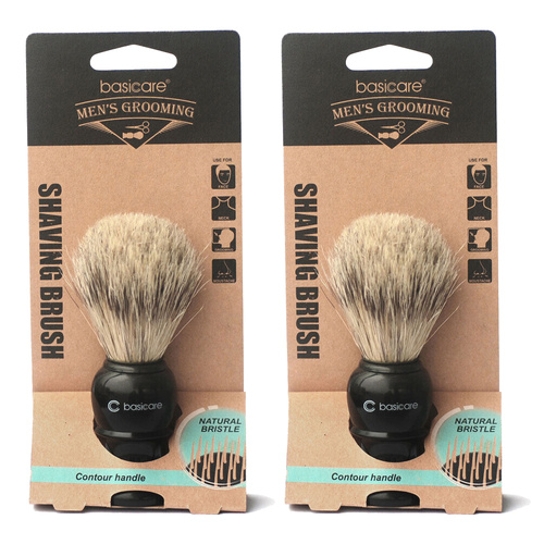 Basicare Mens Shaving Brush Natural Bristles Ergonomic Contour Handle x2