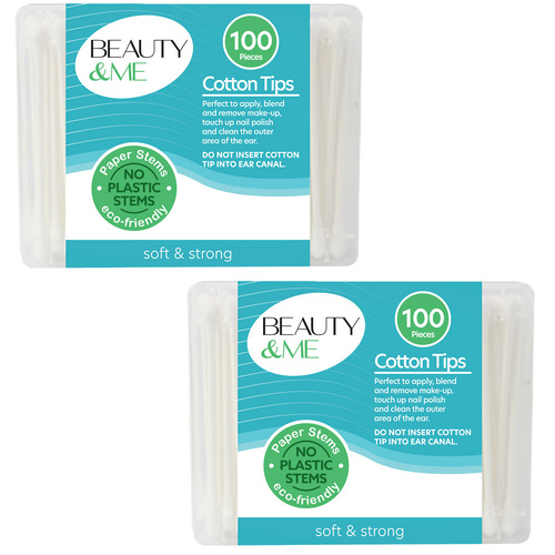 Beauty & Me Paper Stem Cotton Tips 2 x 100 Pack Eco Friendly Soft Strong