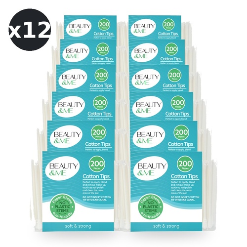 Beauty & Me Paper Stem Cotton Tips 200 Pack Eco Friendly Soft and Strong Bundle of 12