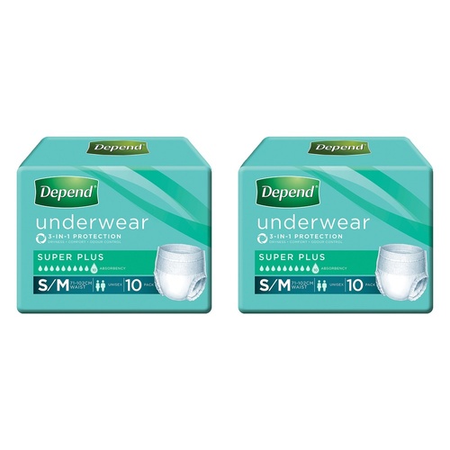 Depend Incontinence Underwear Unisex Super Plus Small/Medium 10 Bundle of 2