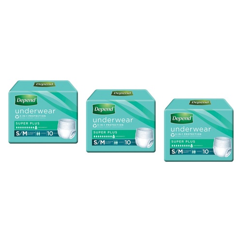 Depend Incontinence Underwear Unisex Super Plus Small/Medium 10 Bundle of 3