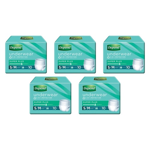 Depend Incontinence Underwear Unisex Super Plus Small/Medium 10 Bundle of 5