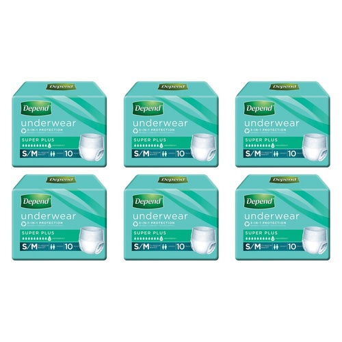 Depend Incontinence Underwear Unisex Super Plus Small/Medium 10 Bundle of 6