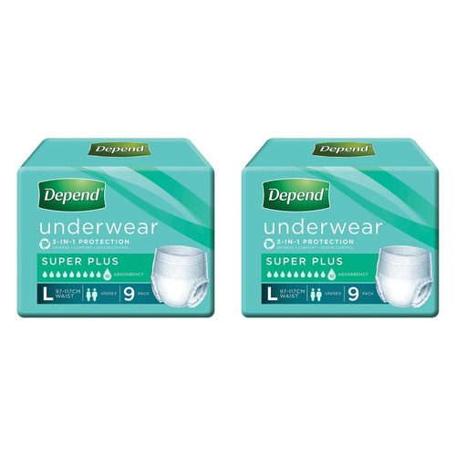 Depend Incontinence Underwear Unisex Super Plus Large 9 Pack x 4 Bundle of 2