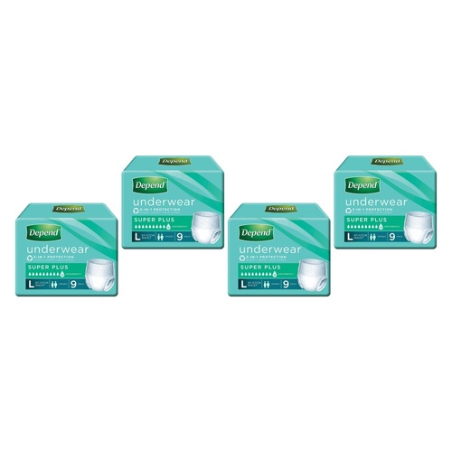 Depend Incontinence Underwear Unisex Super Plus Large 9 Pack x 4 Bundle of 4