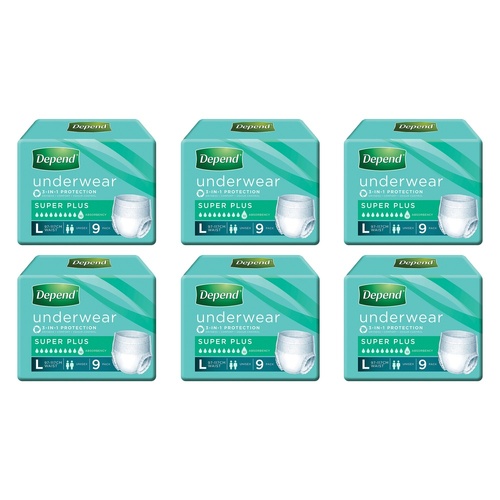 Depend Incontinence Underwear Unisex Super Plus Large 9 Pack x 4 Bundle of 6