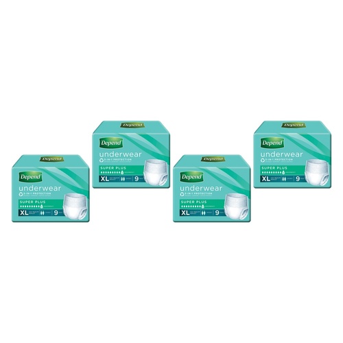 Depend Incontinence Underwear Unisex Super Plus Extra Large 9 Pack Bundle of 4