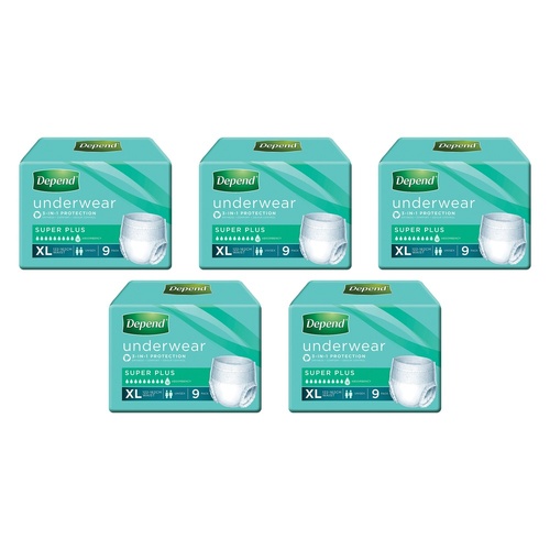 Depend Incontinence Underwear Unisex Super Plus Extra Large 9 Pack Bundle of 5