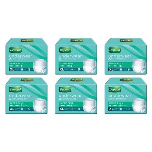 Depend Incontinence Underwear Unisex Super Plus Extra Large 9 Pack Bundle of 6