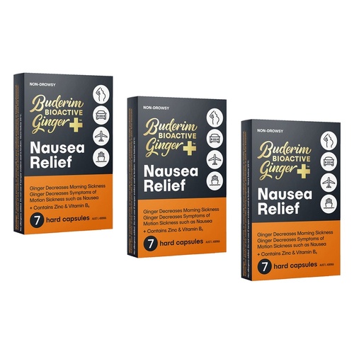Buderim Bioactive Ginger Plus Nausea Relief Capsules 7-Pack Bundle of 3