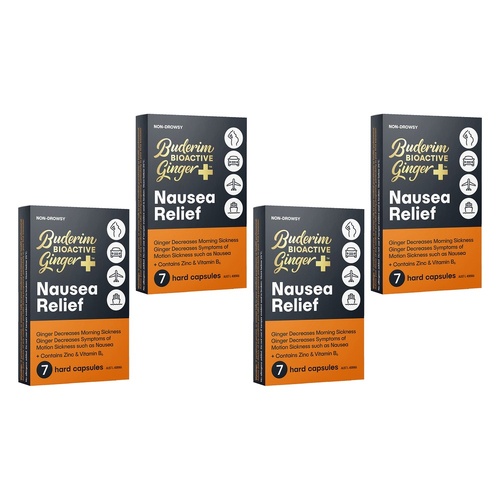 Buderim Bioactive Ginger Plus Nausea Relief Capsules 7-Pack Bundle of 4