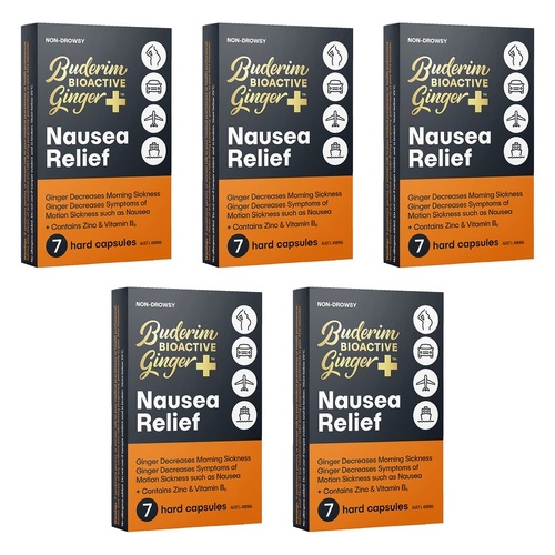 Buderim Bioactive Ginger Plus Nausea Relief Capsules 7-Pack Bundle of 5