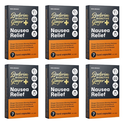 Buderim Bioactive Ginger Plus Nausea Relief Capsules 7-Pack Bundle of 6